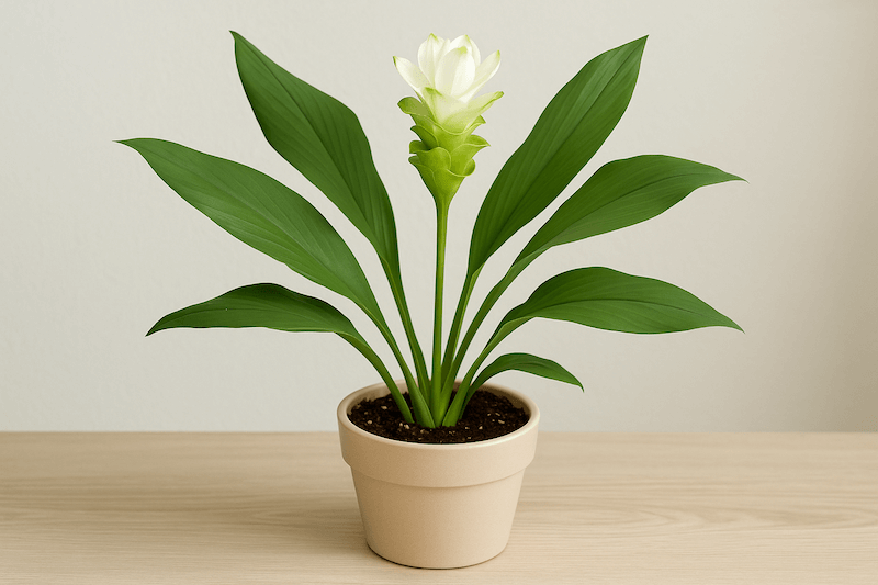 kwiat kurkuma w jasnej donicy