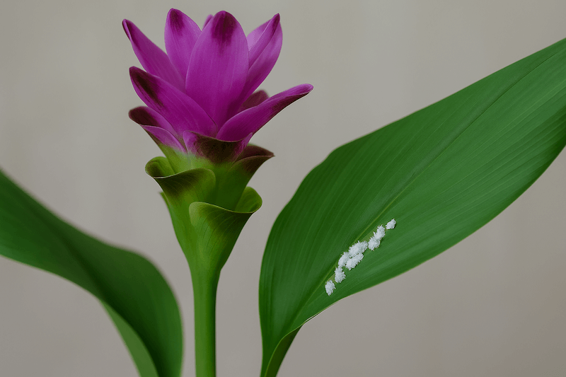 kwiat kurkuma a wełnowce na liściach