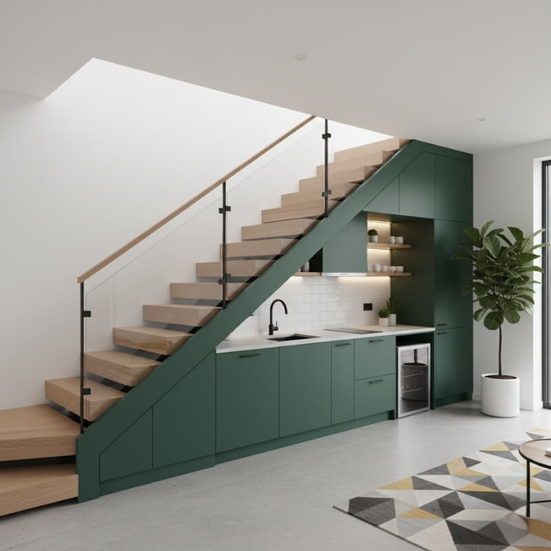 mały aneks kuchenny pod schodami