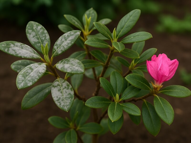 azalia na pniu z mączniakiem na liściach azalia na pniu zakażona mączniakiem
