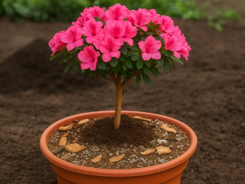 azalia na pniu w ziemi z korą azalia na pniu w donicy