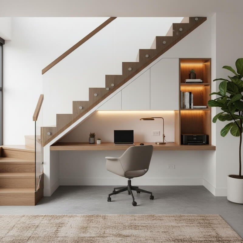 biurko pod schodami z komputerem