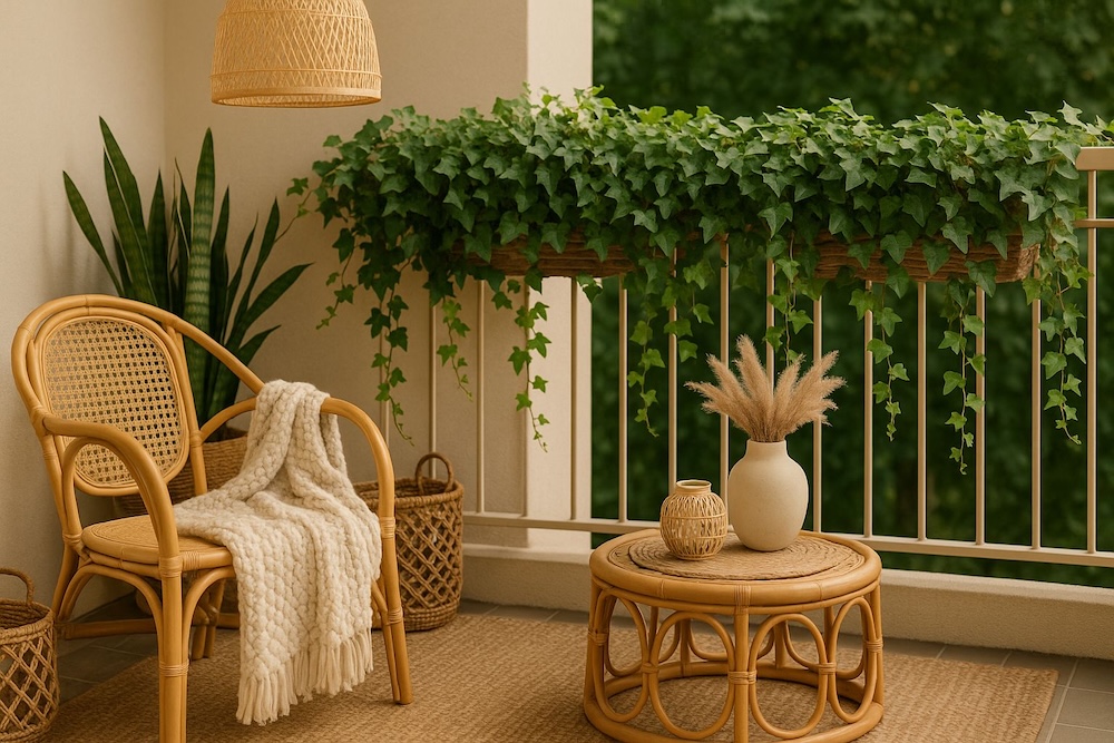 balkon z bluszczem na balustradzie i meblami z rattanu balkon z meblami z rattanu i bluszczem na barierce