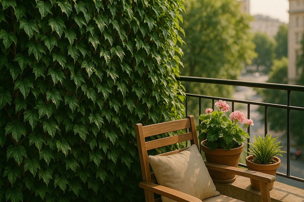 ściana z bluszczem na balkonie bluszcz na ścianie za fotelem na balkonie