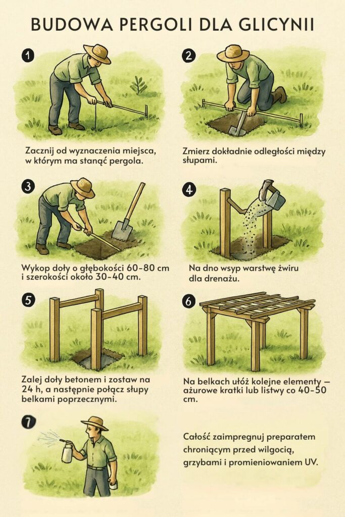 Jak zrobić podpory dla glicynii? Budowa pergoli krok po kroku Budowa pergoli dla glicynii - infografika