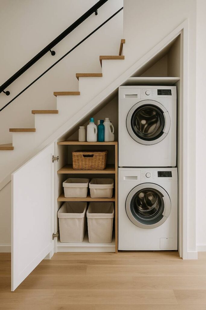 Domowa pralnia i suszarnia pod schodami