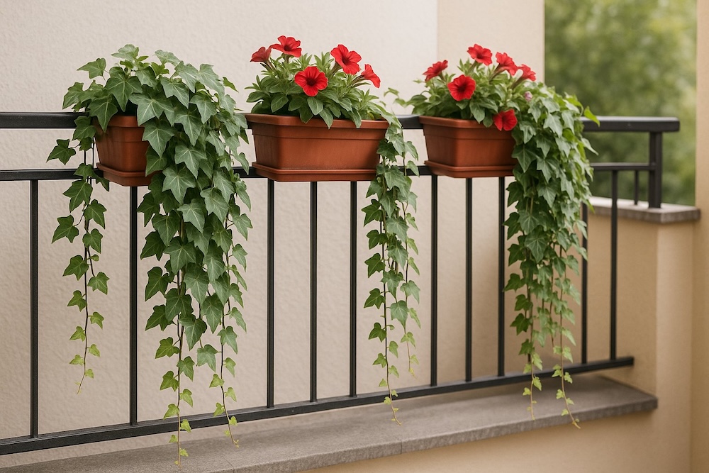 balkon z bluszczem w donicach na barierce donice ze zwisającym bluszczem na balkonie