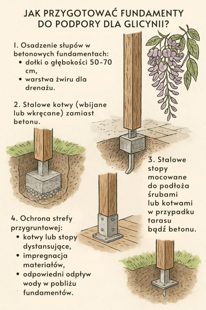 Jak przygotować fundamenty pod podpory dla glicynii? Infografika Jak zrobić podpory dla glicynii? Fundamenty konstrukcji