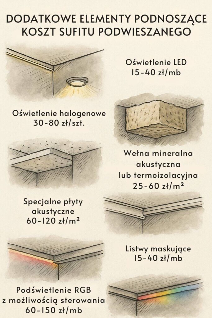 Jakie elementy zwiększają koszt montażu sufitu podwieszanego?