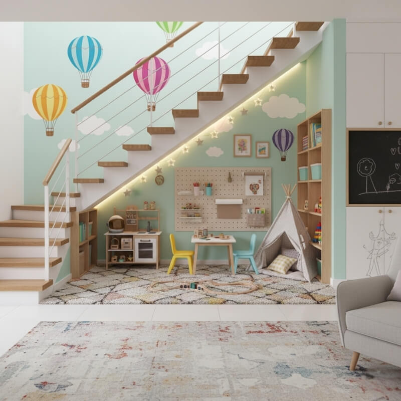 kącik z zabawkami pod schodami