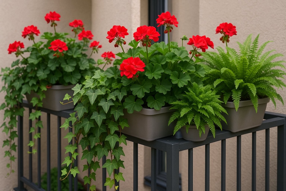 kompozycja roślin w doniczkach na balkonie bluszcz z pelargoniami i paprociami na balkonie