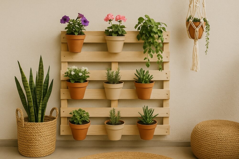 kwietnik z palet na ścianę w stylu boho