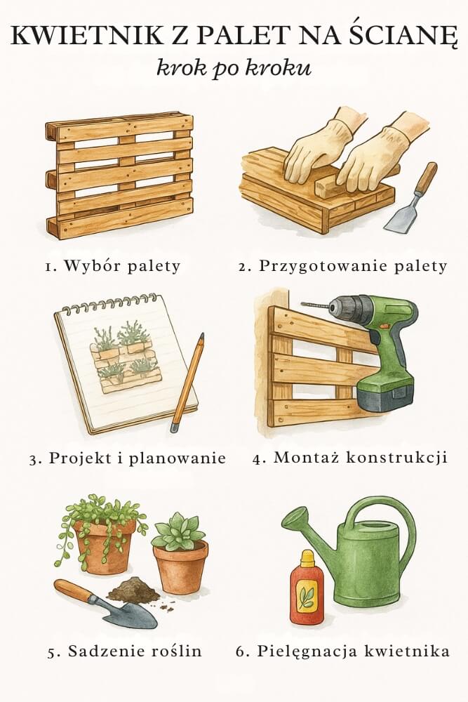 infografika – kwietnik z palet na ścianę krok po kroku