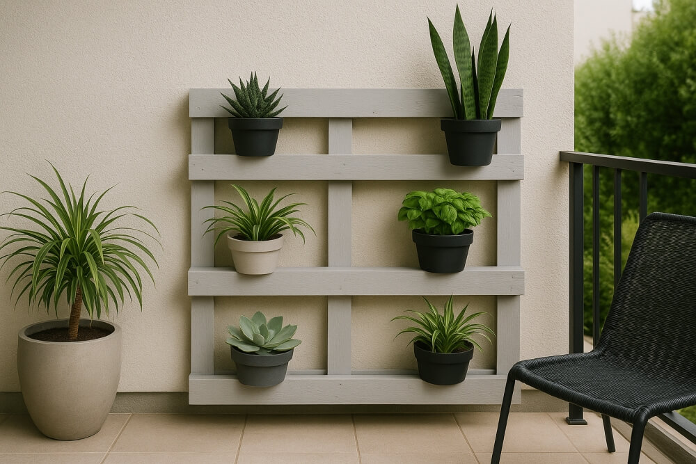 kwietnik z palet na ścianę w stylu minimalistycznym