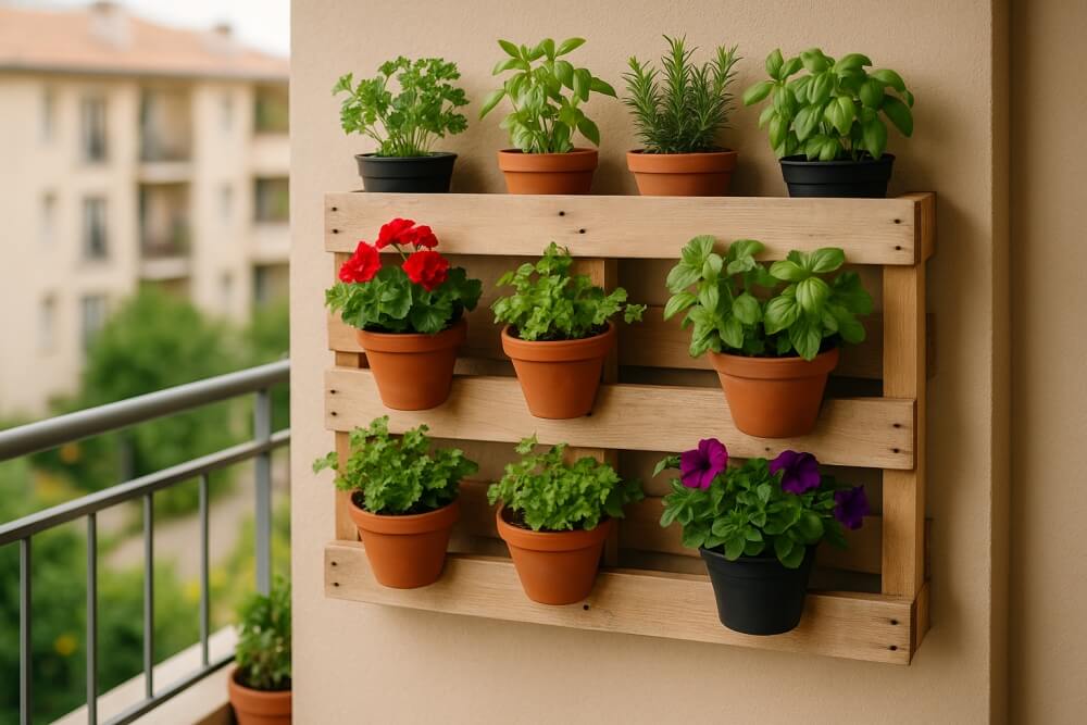 kwietnik z palet na ścianie balkonu