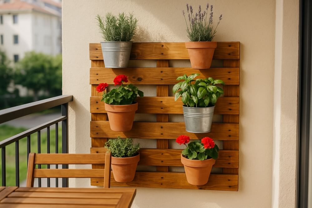 kwietnik z palet na ścianę w stylu rustykalnym