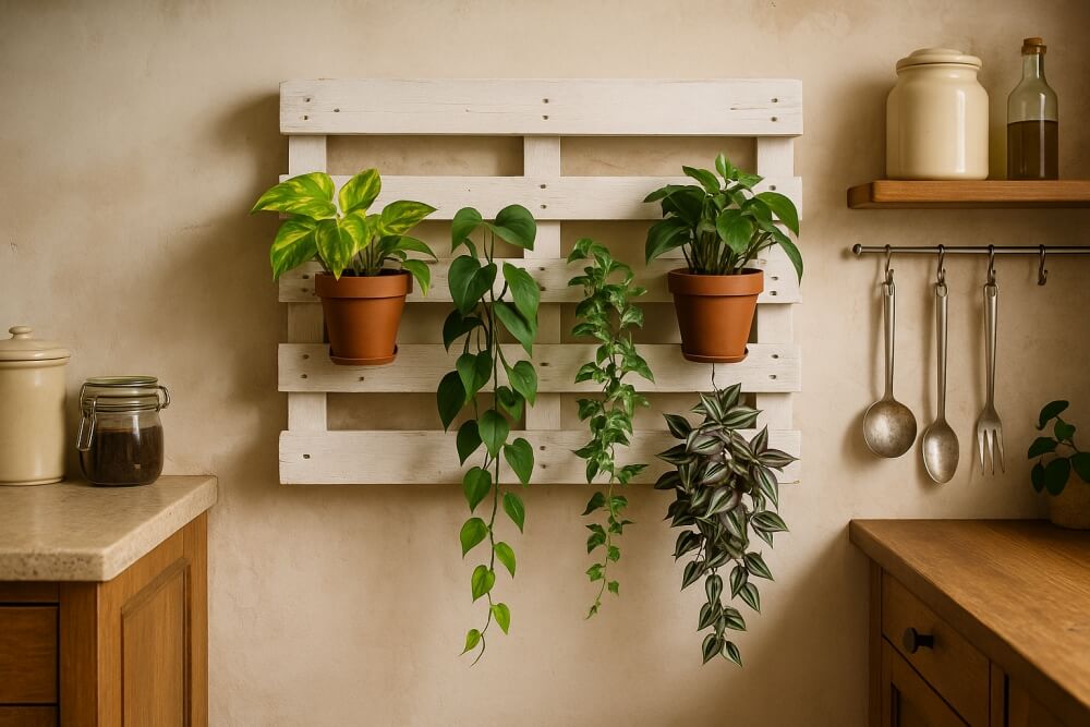 kwietnik z palet w kuchni