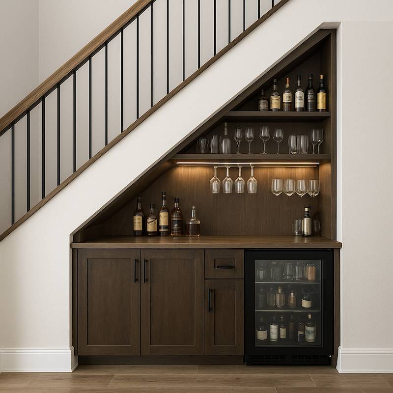 Minibar w zabudowie pod schodami