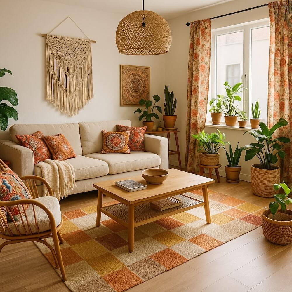 Salon boho pełen ciepła i lekkości Piękny salon w stylu boho