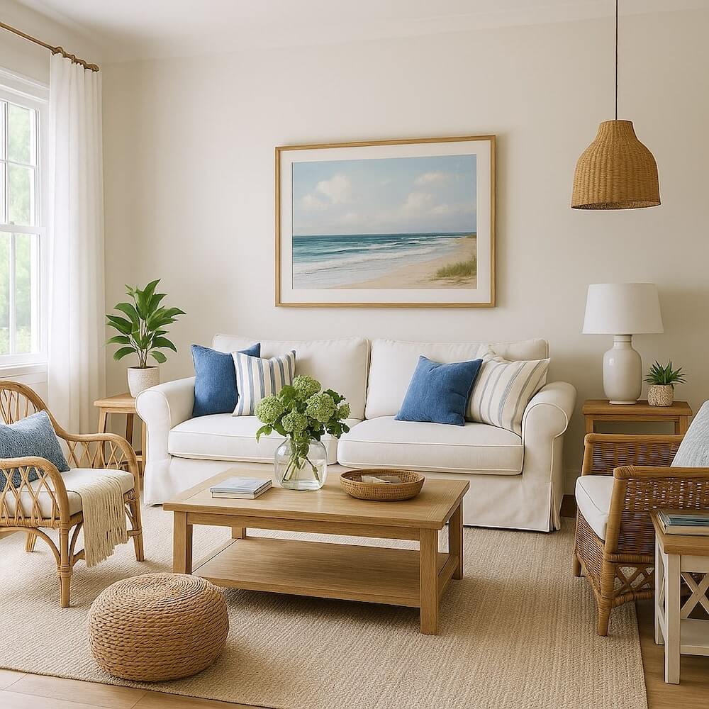 Styl Hampton w rodzinnym salonie Piękny salon urządzony w stylu Hampton