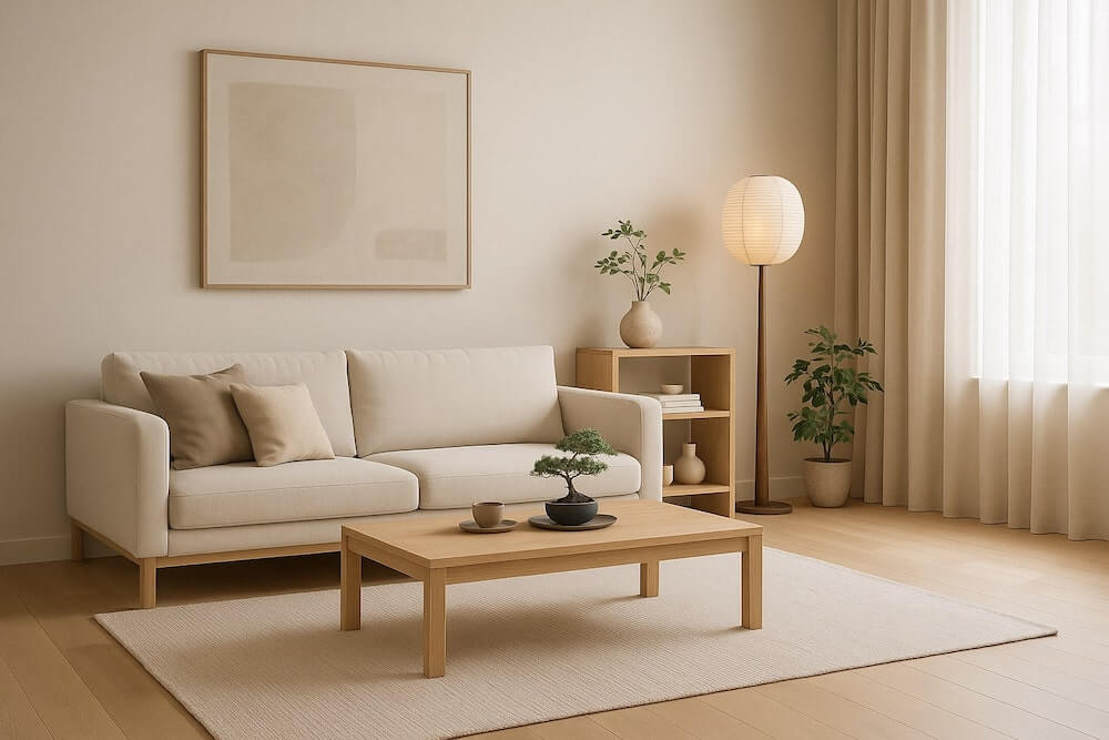 Piękny salon - styl japandi Salon urządzony w stylu japandi