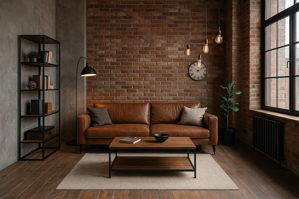 Salon urządzony w stylu loftowym Piękny salon w stylu industrialnym