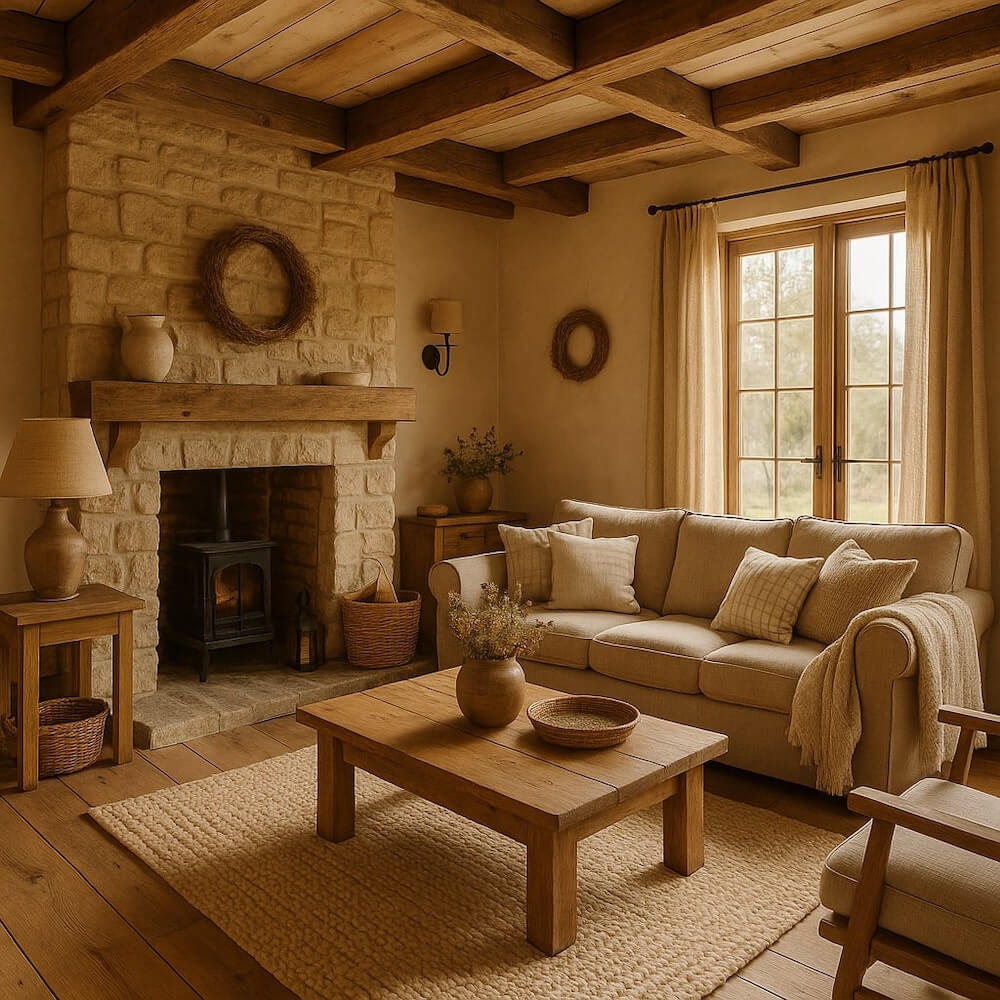 Salon z kominkiem urządzony w stylu rustykalnym Piękny salon w stylu rustykalnym