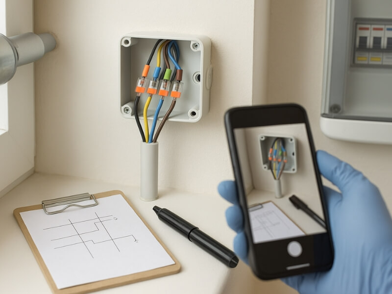 zdjęcie podłączenia przewodów rolety dokumentowanie podłączenia przewodów za pomocą telefonu