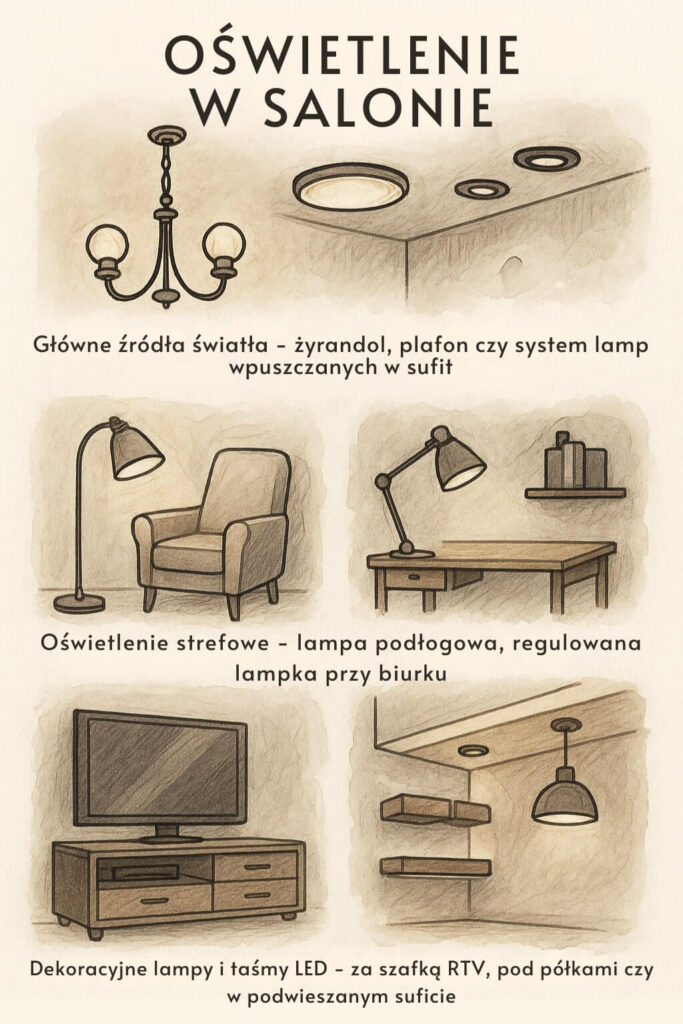 Jak zaplanować oświetlenie w salonie? Infografika Piękny salon z odpowiednio rozplanowanymi strefami oświetlenia