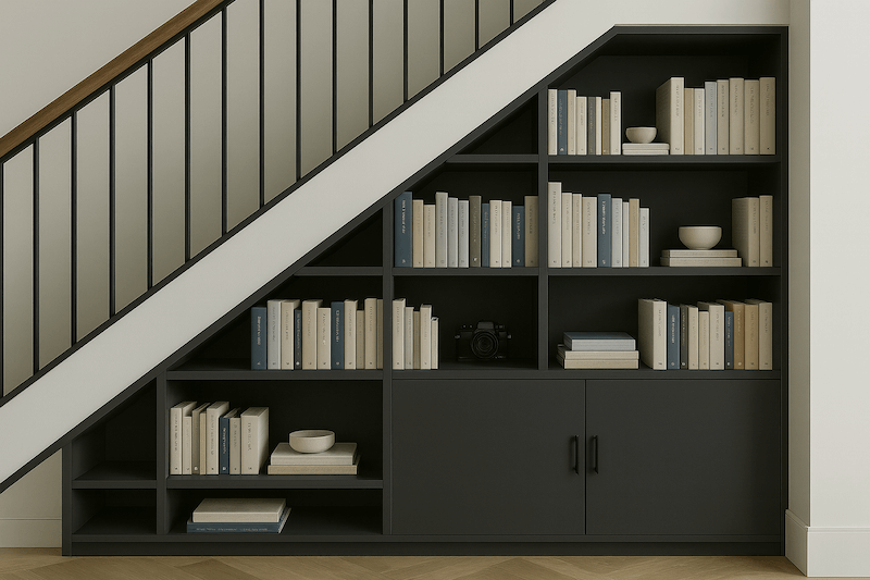 regał na książki pod schodami