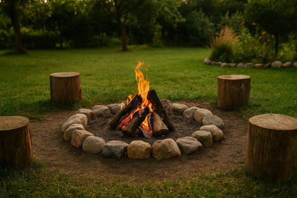 klasyczne ognisko w ogrodzie z kamieni