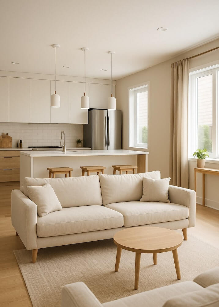 Salon z kuchnią - aranżacja Piękny salon połączony z aneksem kuchennym