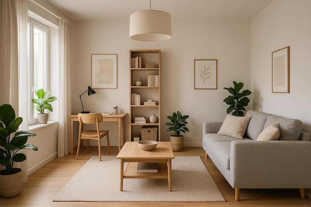 Piękny salon z wydzielonym kącikiem do pracy Salon z miejscem do pracy