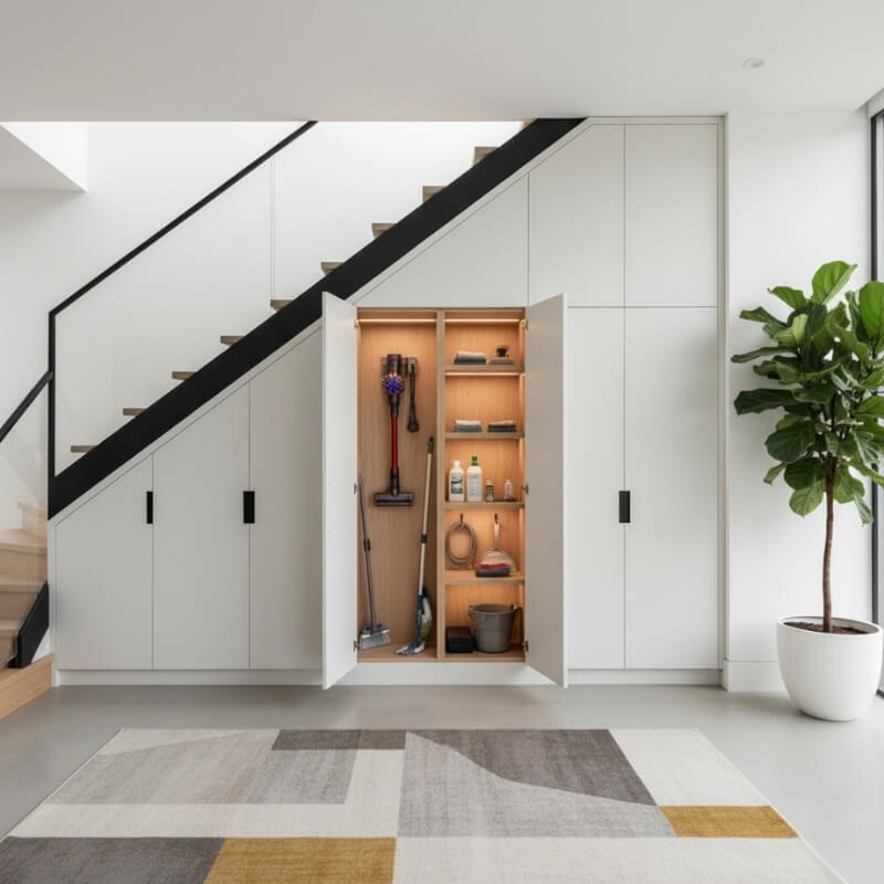 schowek na sprzęt sprzątający pod schodami