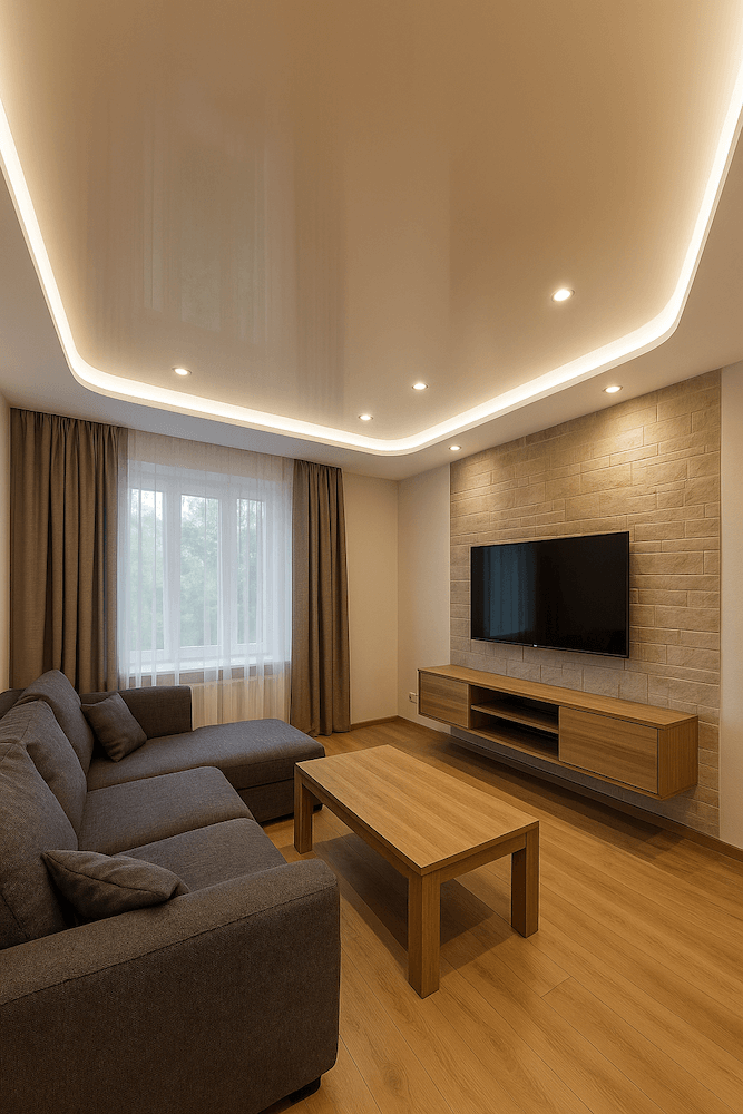 Sufit napinany z oświetleniem LED w salonie