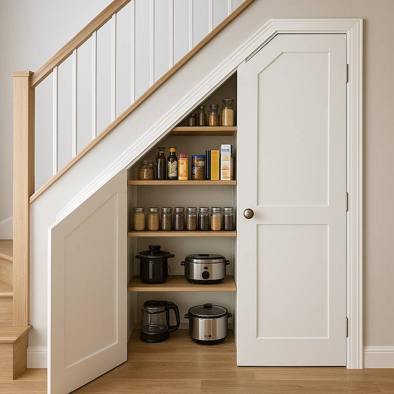 Spiżarnia pod schodami na zapasy