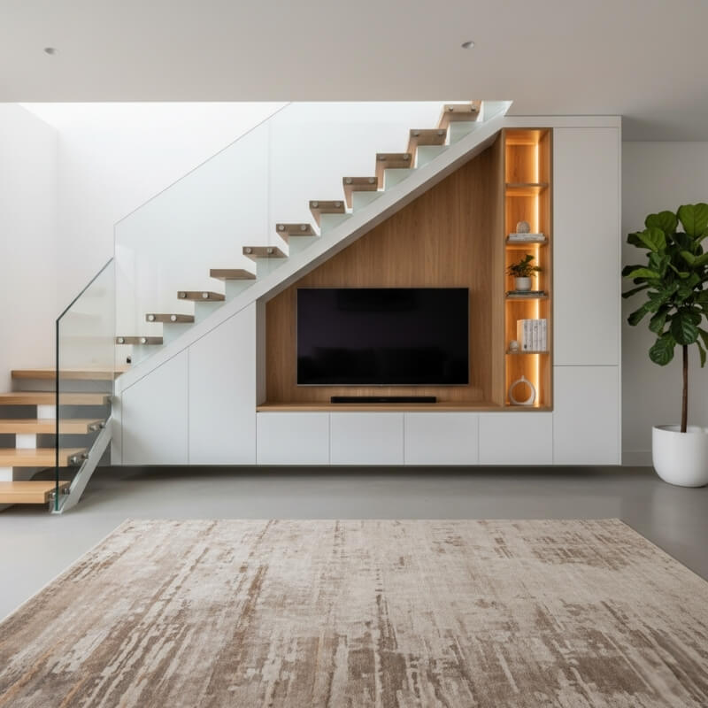 telewizor w zabudowie pod schodami