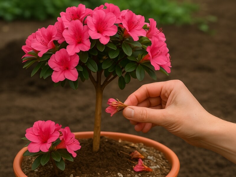 odrywanie przekwitłych kwiatów azalii w doniczce usuwanie przekwitłych kwiatów z krzewu azalii