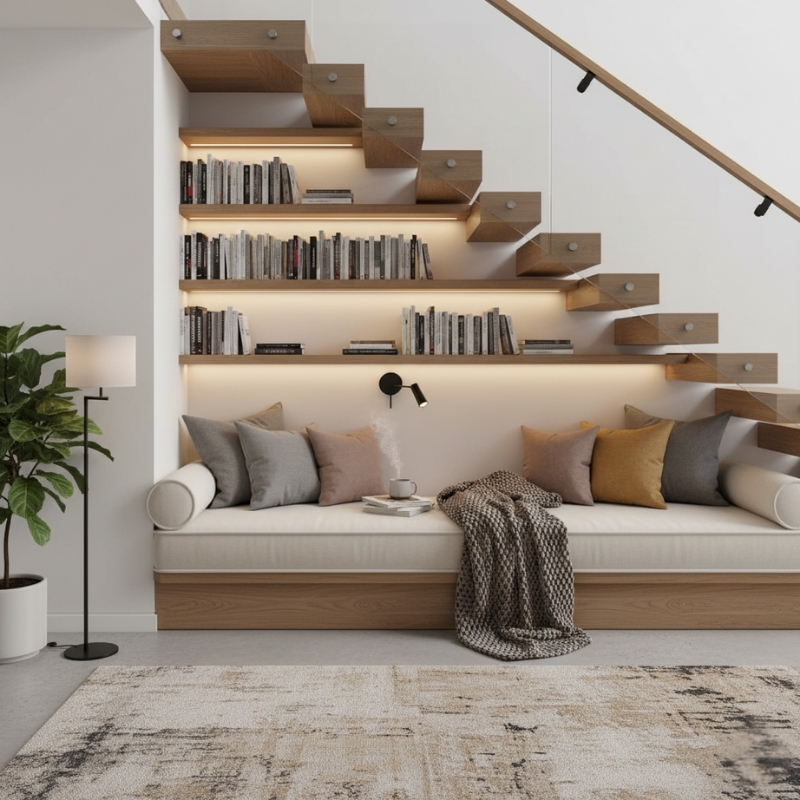 zabudowy pod schodami z sofą i półkami na książki