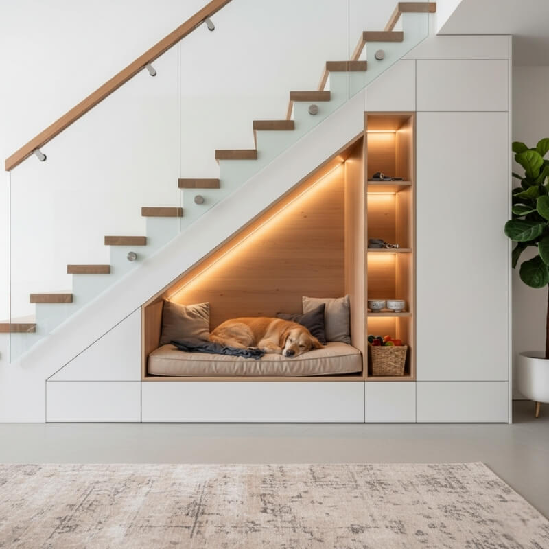 zabudowy pod schodami z miejscem dla psa