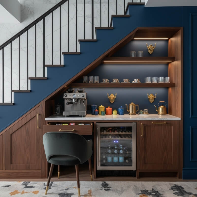 zabudowy pod schodami z kącikiem herbacianym