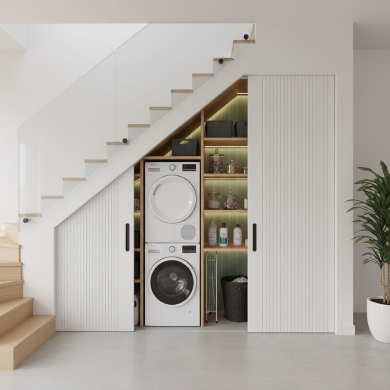 zabudowy pod schodami z mini-pralnią