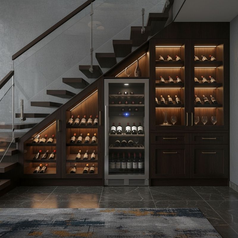 zabudowy pod schodami z mini-winiarnią