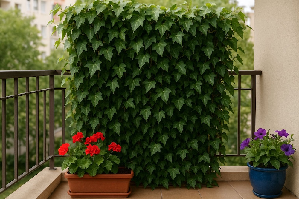 bluszcz na barierce balkonu zasłona z bluszczu na balkonie