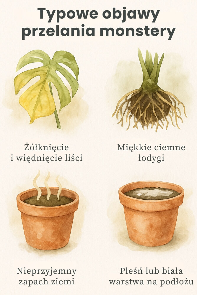 przelana monstera - charakterystyczne objawy przelana monstera - typowe objawy