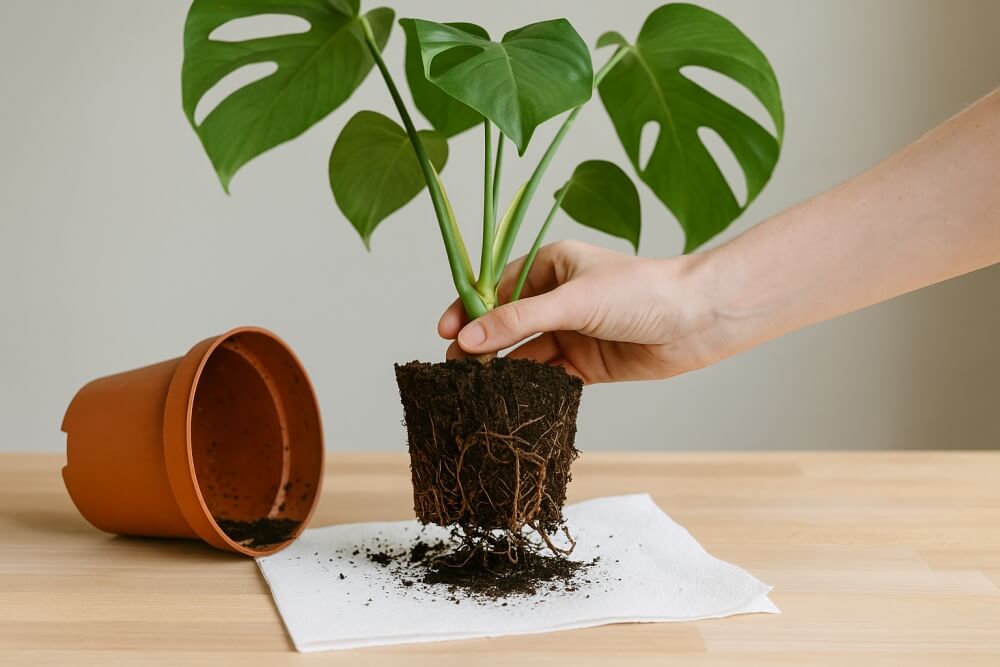 zmiana donicy i ziemi w przelanej monsterze przesadzanie przelanej monstery