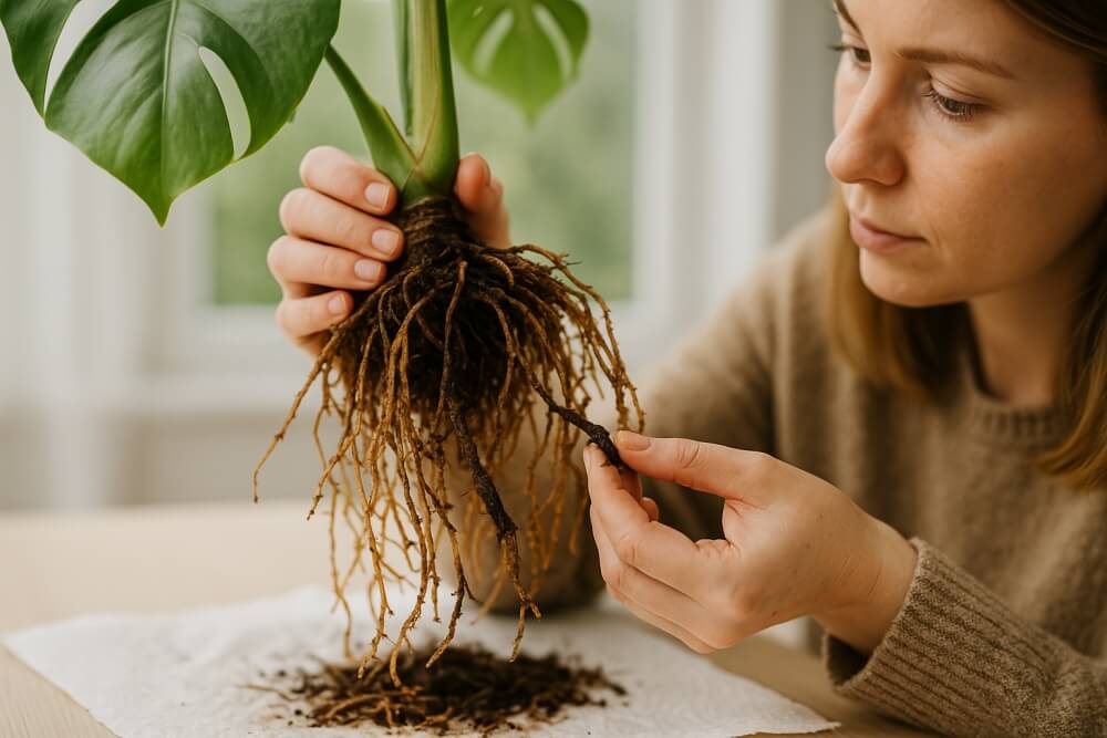 przelana monstera - sprawdzenie korzeni przelana monstera - ocena korzeni