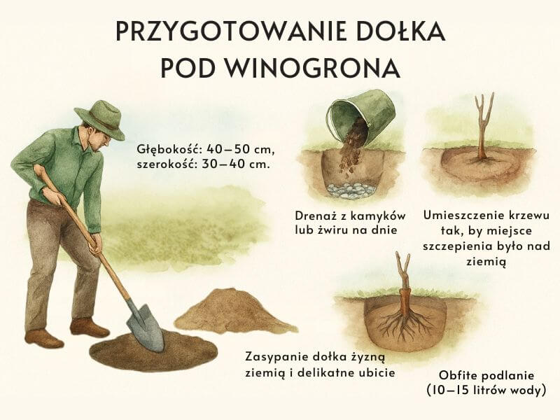 Sadzenie winogrona - przygotowanie dołka pod sadzonki