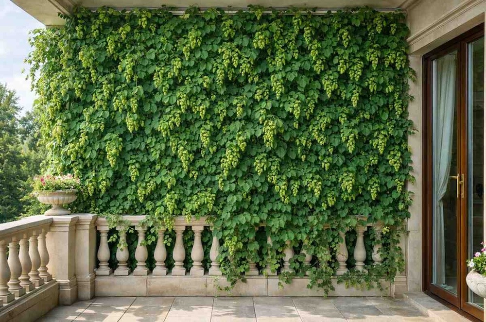 chmiel na dużym klasycznym balkonie 