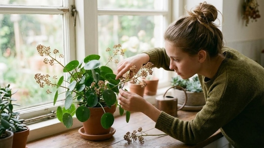ucinanie suchych kwiatów pieniążka 